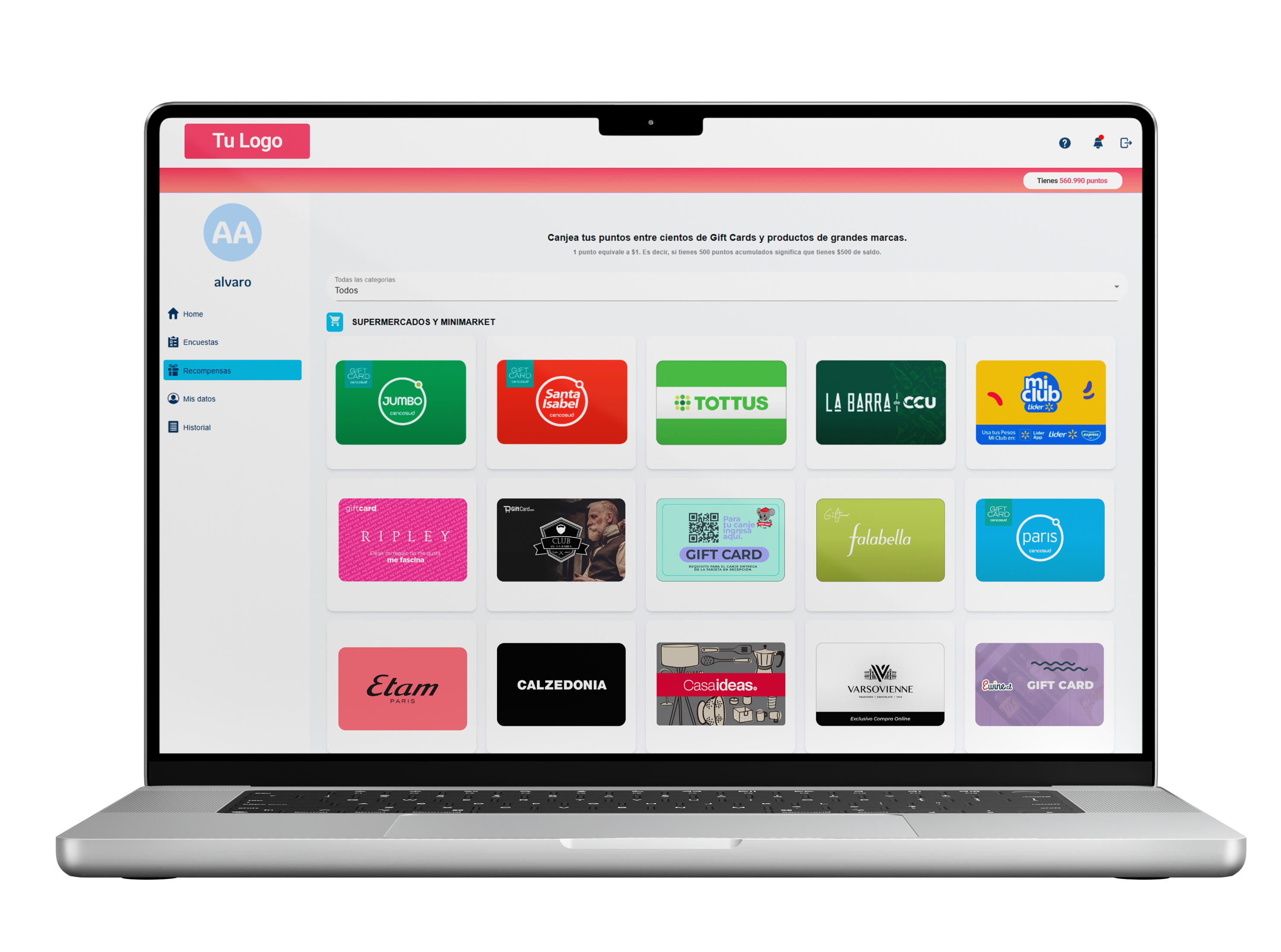 Mockup del marketplace embebido en la app de un cliente